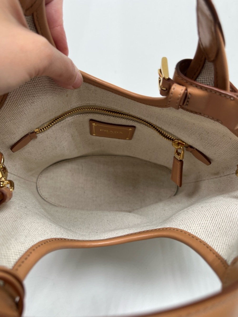 Prada Medium Canvas Leather Logo Tote Bag Natural Tan Crossbody Shoulder Italy - Picture 5 of 13